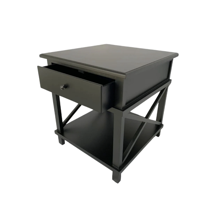 Hampton Black Bedside Table open drawer
