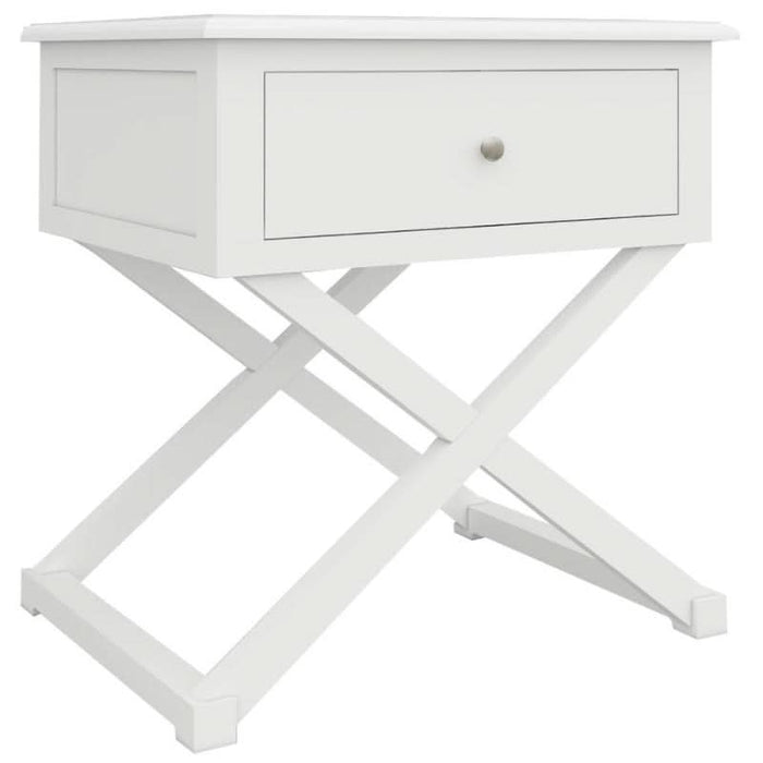 Hampton Elegance Side Table Opulent X-Leg Design in Pristine White Close Up Look