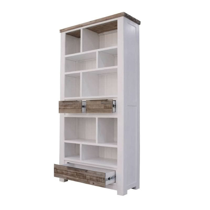 Homestead Multi-Tone Solid Acacia Timber Bookcase Side Profile Open Drawers
