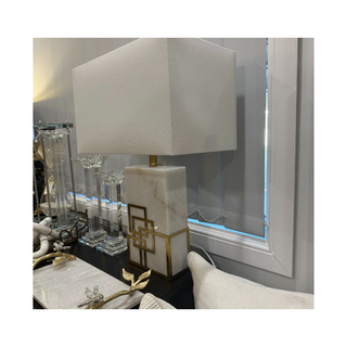 Hugo Marble Base & Rectangular White Shade Table Lamp on desk