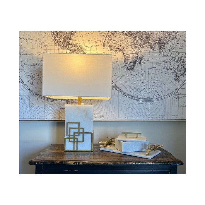 Hugo Marble Base & Rectangular White Shade Table Lamp turned on