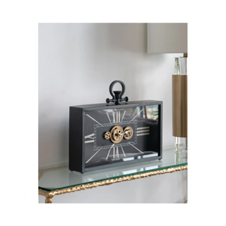 Innovative Gears Wide Table Clock Side Profile on a Glass Panel