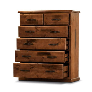 Jamaica Blackwood Solid Pine Six Drawer Tallboy Open Drawers
