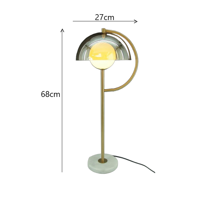 68 cm gold and marble lamp with 27 cm shade and measurement guide.