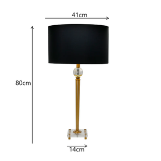 Mandarin Club Tall Gold Table Lamp size guide – 80cm height, 41cm shade width, gold metal body with clear acrylic base.