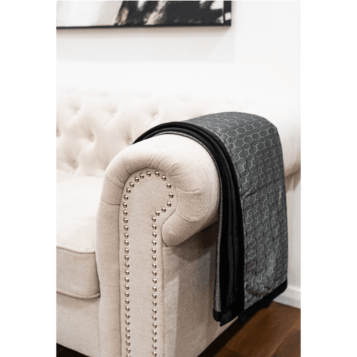 Metallic Grey and Black Throw Blanket with Black Trim Folded On Sofa