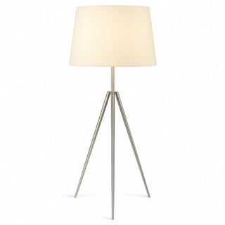 Tripod floor lamp with a off white beige shade on a white background