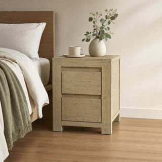 Nelson 2-Drawer Bedside Table styled in a relaxed, natural-toned Australian bedroom beside a linen-dressed bed