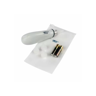 Electric baby nasal aspirator kit with batteries and soft tips on white pouch