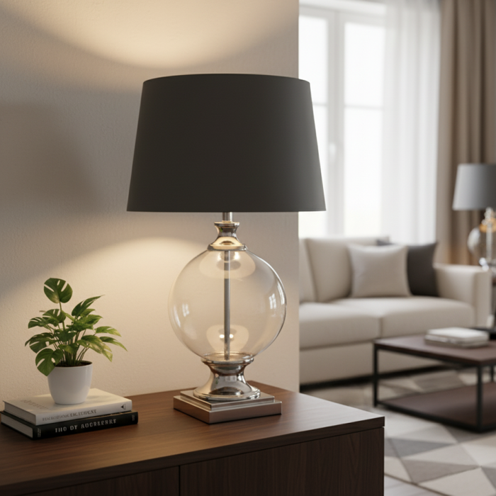 Olivia Glass Lamp on timber console with chrome base and black shade in bright living room.