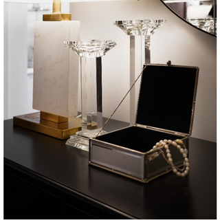 Open Small Silver String Rope Style Mirror Jewellery Box On Table
