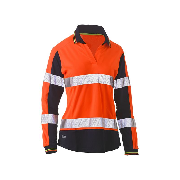 Orange Bisley Womens Long Sleeve Taped Two Tone Hi Vis V-neck Polo