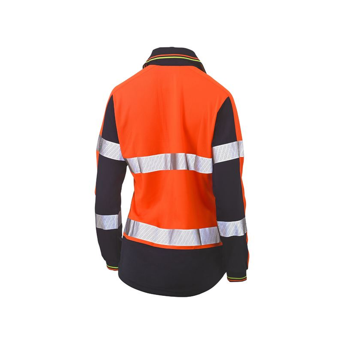 Orange Bisley Womens Long Sleeve Taped Two Tone Hi Vis V-neck Polo Back Profile