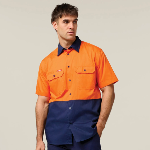 Orange Hard Yakka Core Hi-Vis Light Weight Vented Short Sleeve Cotton Shirt