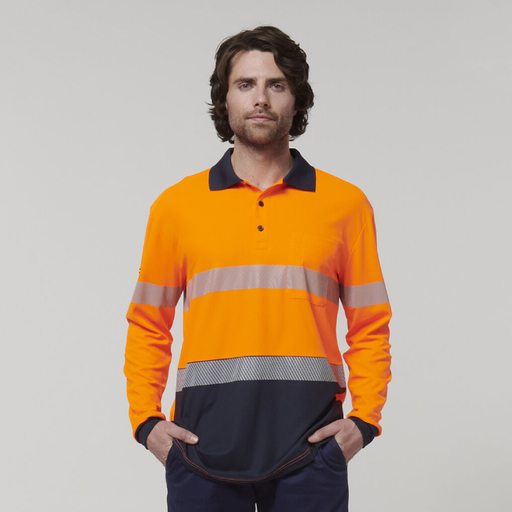 Orange Hard Yakka Men's Long Sleeve Hi Vis 3M Reflective Taped Polo