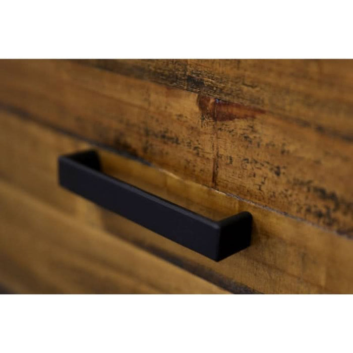 Elegant Rustic Oak Bedside Table with Metal Handles close up