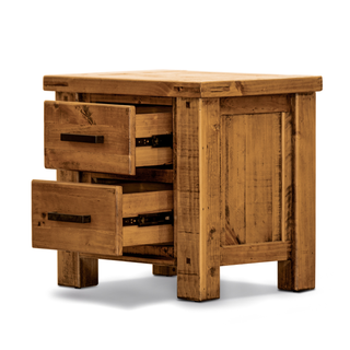Outback Queen Bedside Table in Rustic Oak With open Drawers