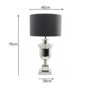 Dimensions diagram – Paddington Silver Lamp 76 cm height × 40 cm width × 38 cm base, perfect for console and bedside lighting.
