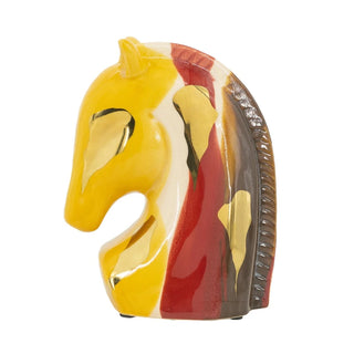 Painted Ceramic Horse Head Sculpture With Yellow Red and Brown Pattern