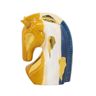 Painted Ceramic Horse Head Sculpture With Yellow White and Blue Pattern
