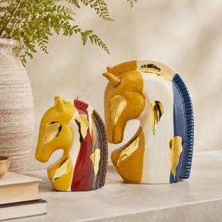 Painted Ceramic Horse Head Sculpture, chess-knight-shaped painted ceramic busts in two sizes and colourways.