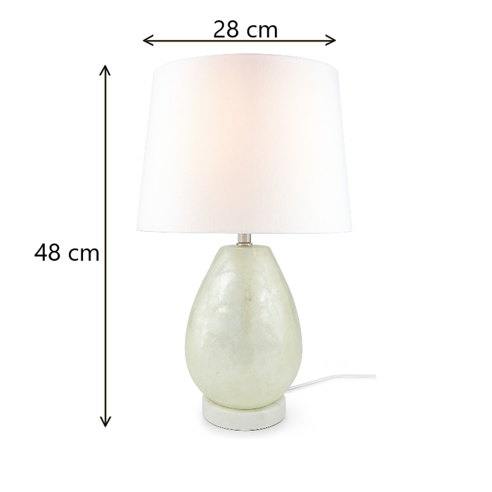 48 cm Pearl Capiz Lamp with 28 cm shade shown with measurement guide for scale.