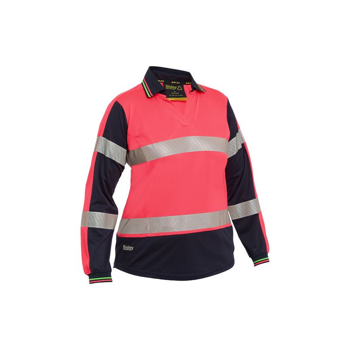 Pink Bisley Womens Long Sleeve Taped Two Tone Hi Vis V-neck Polo
