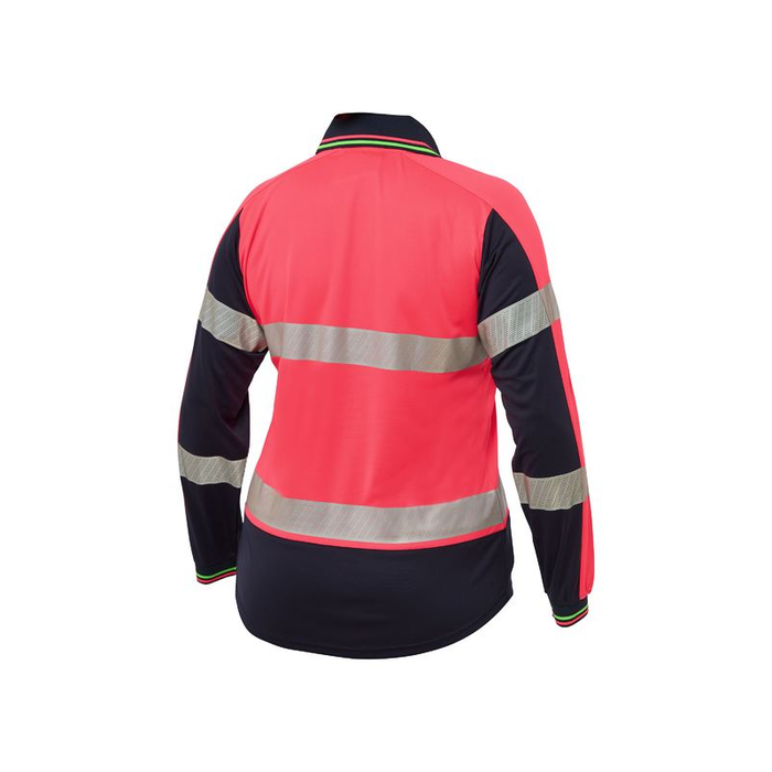 Pink Bisley Womens Long Sleeve Taped Two Tone Hi Vis V-neck Polo Back Profile