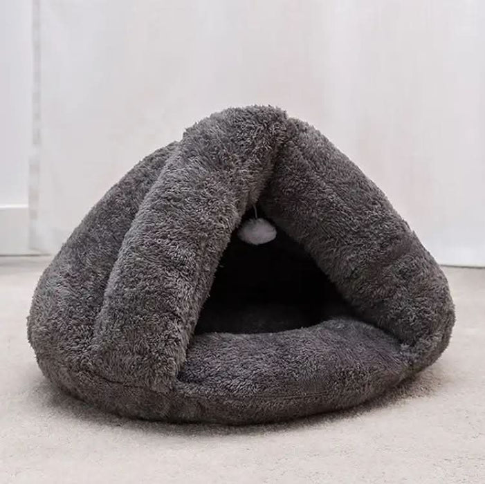 Plush Cat Cave Bed with Playful Hanging Ball