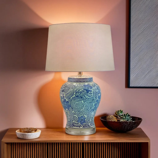 Porcelain Blue and White Floral Print Table Lamp Turned on