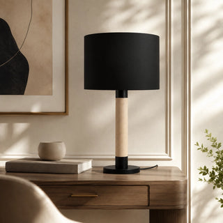 Raffle Lamp With Travertine Stone And Black Shade On a Mini Desk