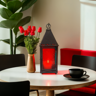 Red Square Morocco Lantern With Rustic Look Set Lit