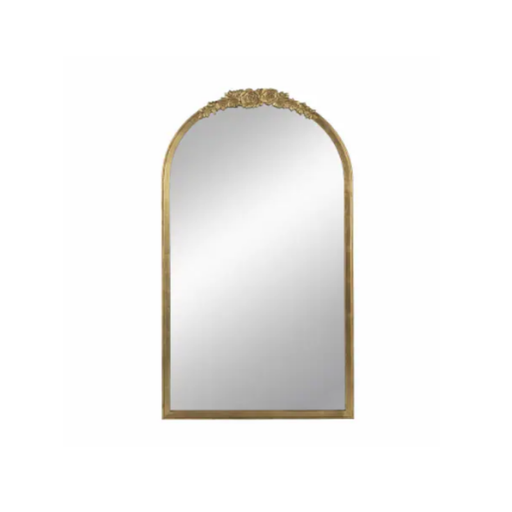 Regal Floor Mirror with Carved Floral Crest and Gold Fir Wood Frame