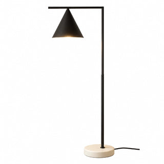 Modern floor lamp with black cone shade and white marble base