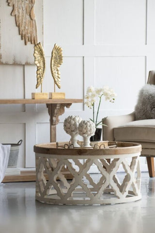 Rustic Moroccan Inspired Wooden Coffee Table next to sofa and console table