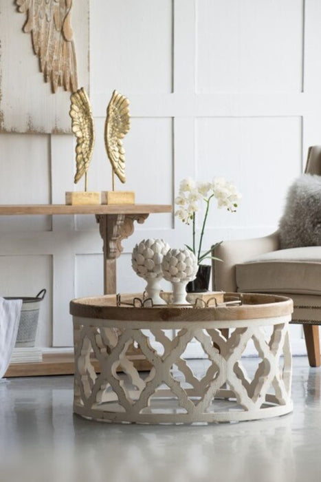 Rustic Moroccan Inspired Wooden Coffee Table next to sofa and console table