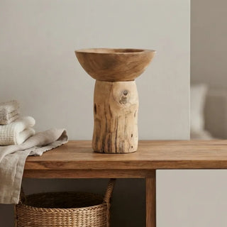Rustic Teak Wood Pedestal Candle Holder On Wooden Table
