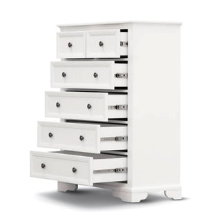 Sala Pristine Tallboy White Acacia MKII Edition With Its Drawers Open