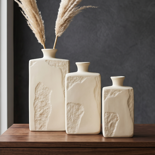 Sandroot Block Vase trio in cream ceramic with raised stone-look relief in 21cm, 27cm and 35cm sizes