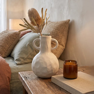 Sandroot Twin Handle Vase 18cm in soft white ceramic with two arched handles