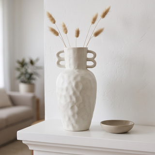 Sandroot Wave Handle Vase 26cm in dimpled white ceramic with rippled twin handles