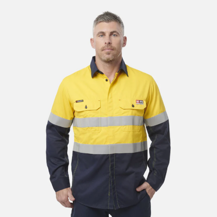 King Gee Shieldtec Fr Hi-Visibility Two Tone Open Front Long Sleeve Shirt With Fr Tape