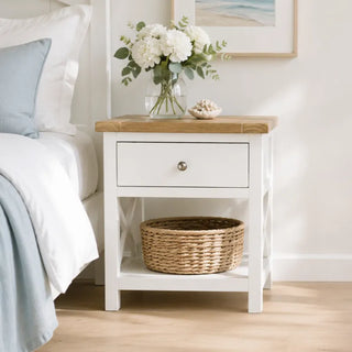 Shellwood Bedside Table styled in a fresh, Hamptons-inspired Australian bedroom beside a coastal-styled bed.