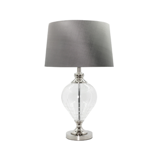 Sheridan Glass Table Lamp with Silver Grey Shade – 81 cm modern lighting with satin chrome base.