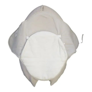 Soft beige baby swaddle blanket with adjustable wings and a white inner lining