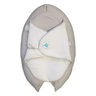Soft white baby swaddle blanket with cartoon bird logo on plush oval cushion