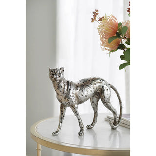 Standing Leopard Statue, a silver antiqued resin leopard captured mid-stride.