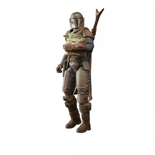 Star Wars Mandalorian action figure holding Baby Yoda collectible toy on white background