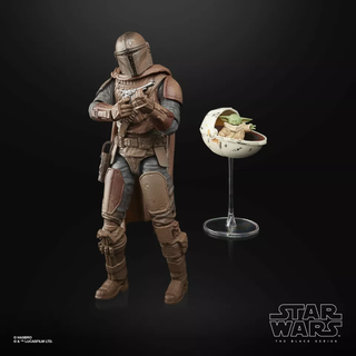 Star Wars Mandalorian action figure with Grogu in hover pod on black background
