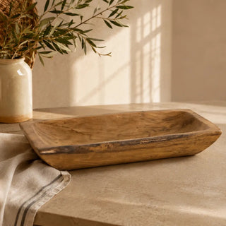 Styled kitchen bench scene with the teak wood tray